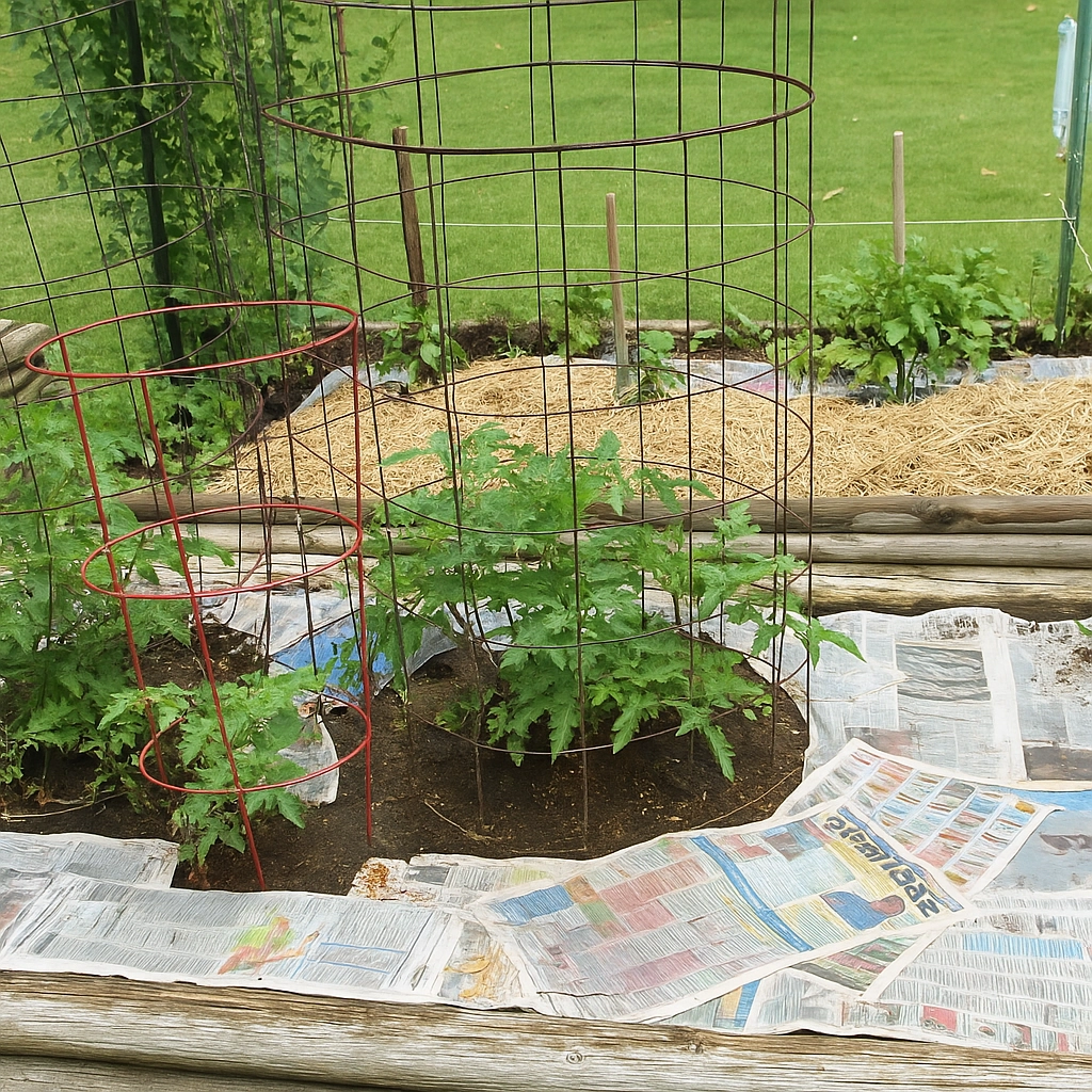 Layers of newspaper used as a low-cost, biodegradable weed barrier in gardens.