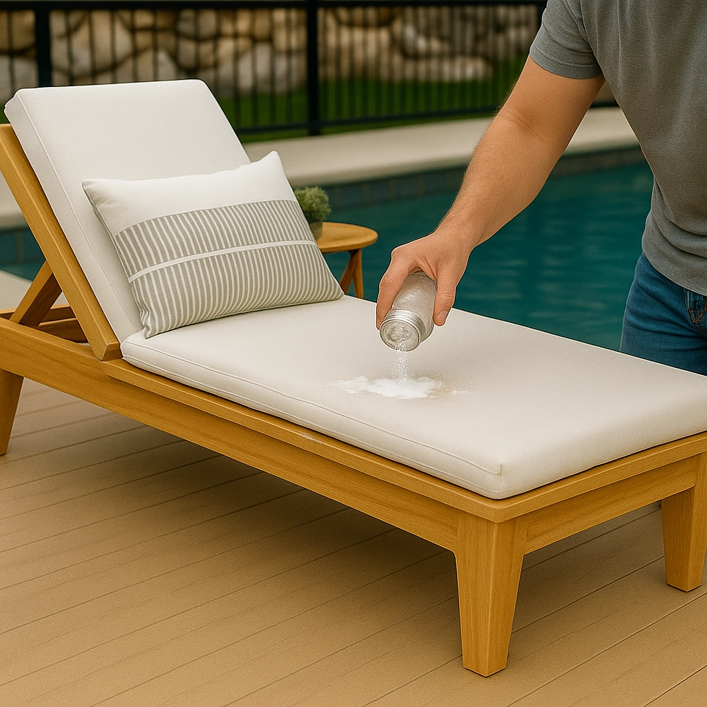 Applying baking soda to outdoor cushion to remove oil or grease stains naturally.