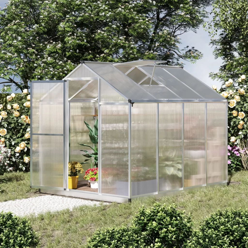  Walk-in greenhouse with clear polycarbonate panels and ventilation system.