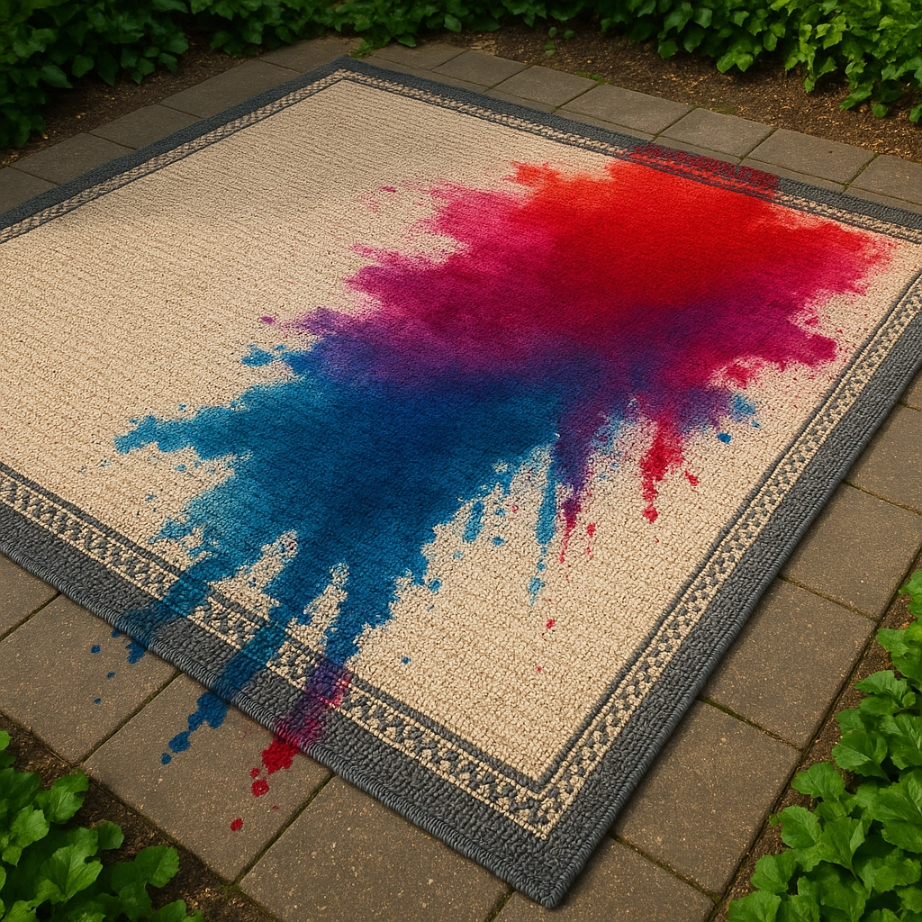 Rug with red and blue paint splashes creating a gradient effect.