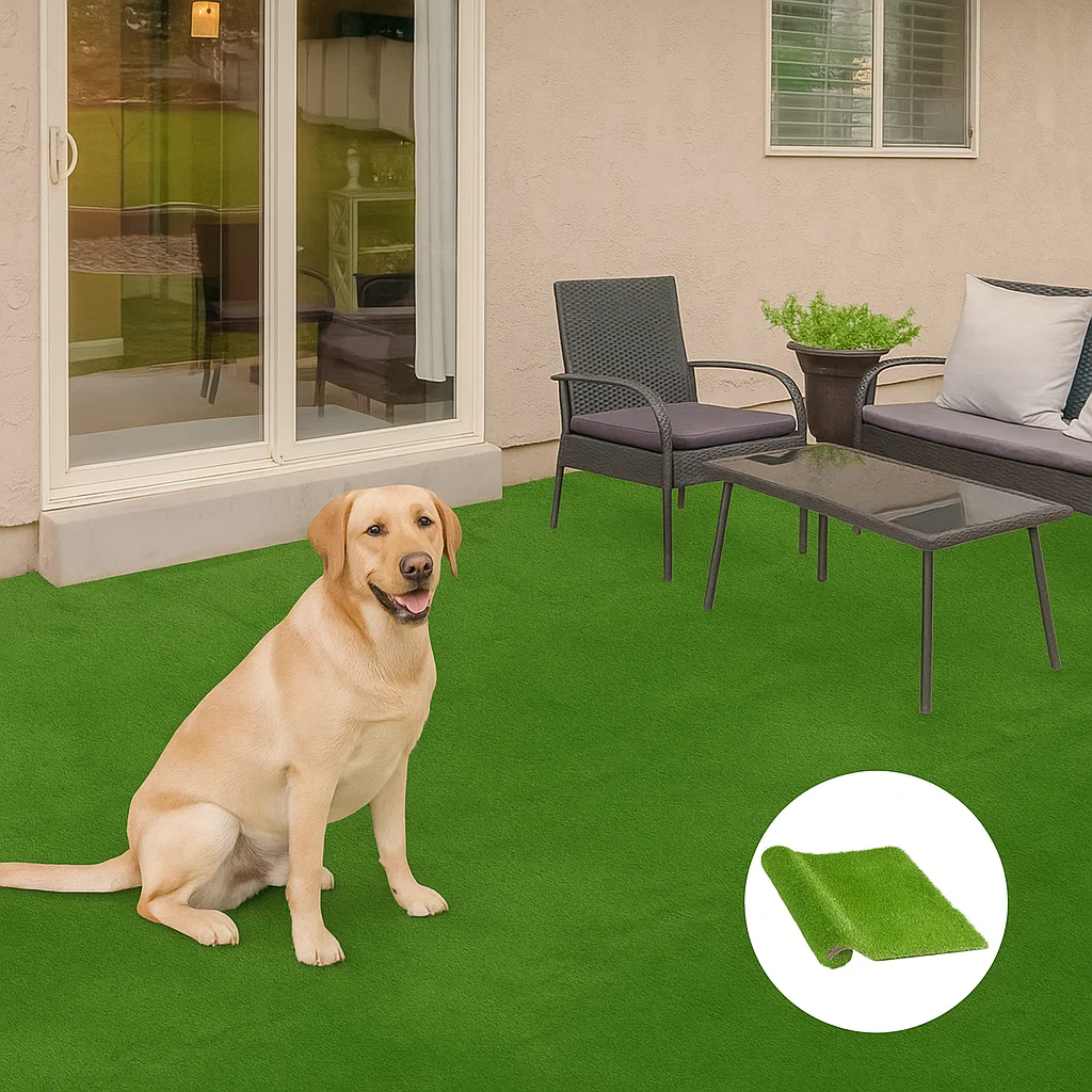 Yellow Labrador sitting on artificial turf patio with wicker chairs and glass-top table.