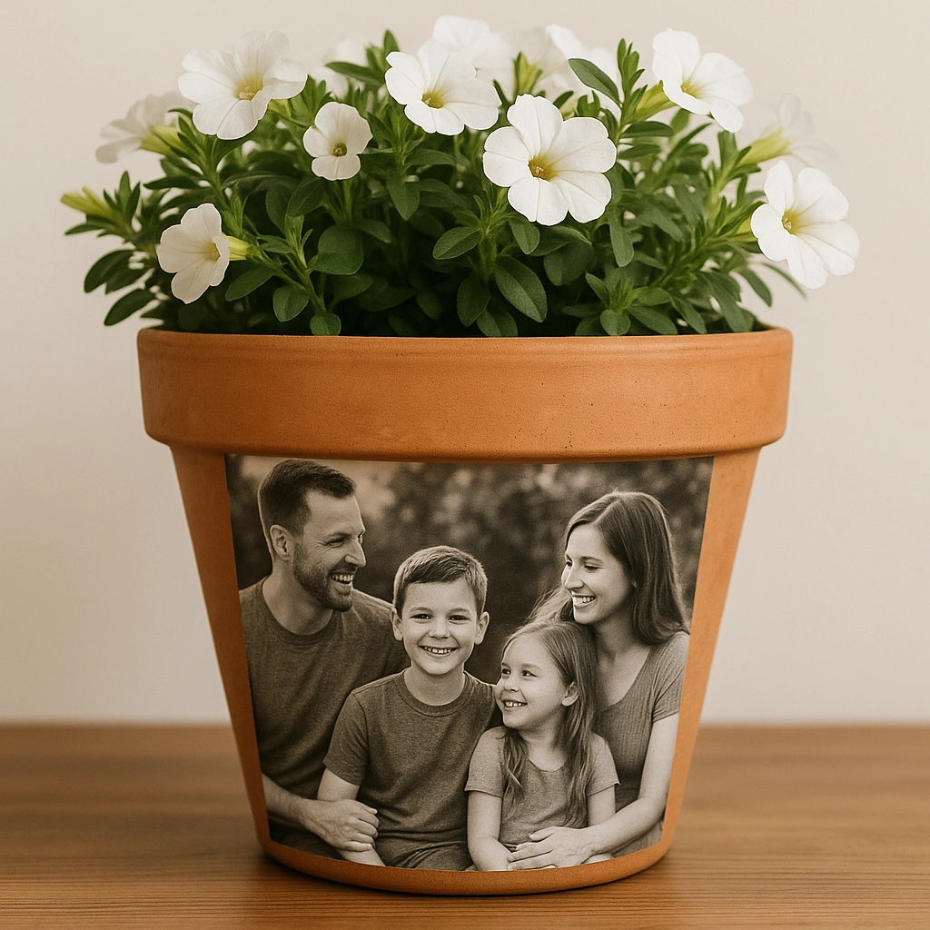 Personalized flower pot with family photo and white blooms for heartfelt home decor.