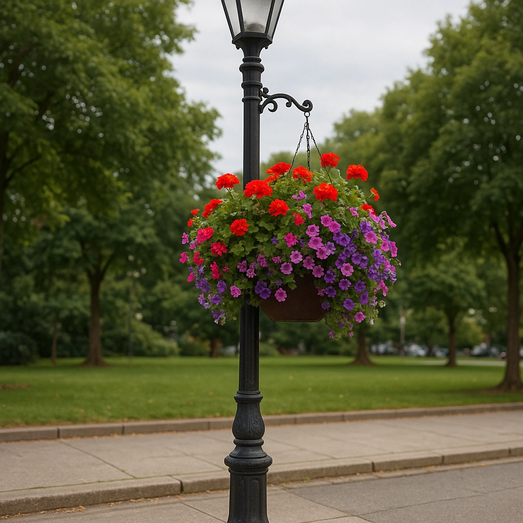 Park lamp post adorned with a vibrant hanging basket of red and purple flowers.