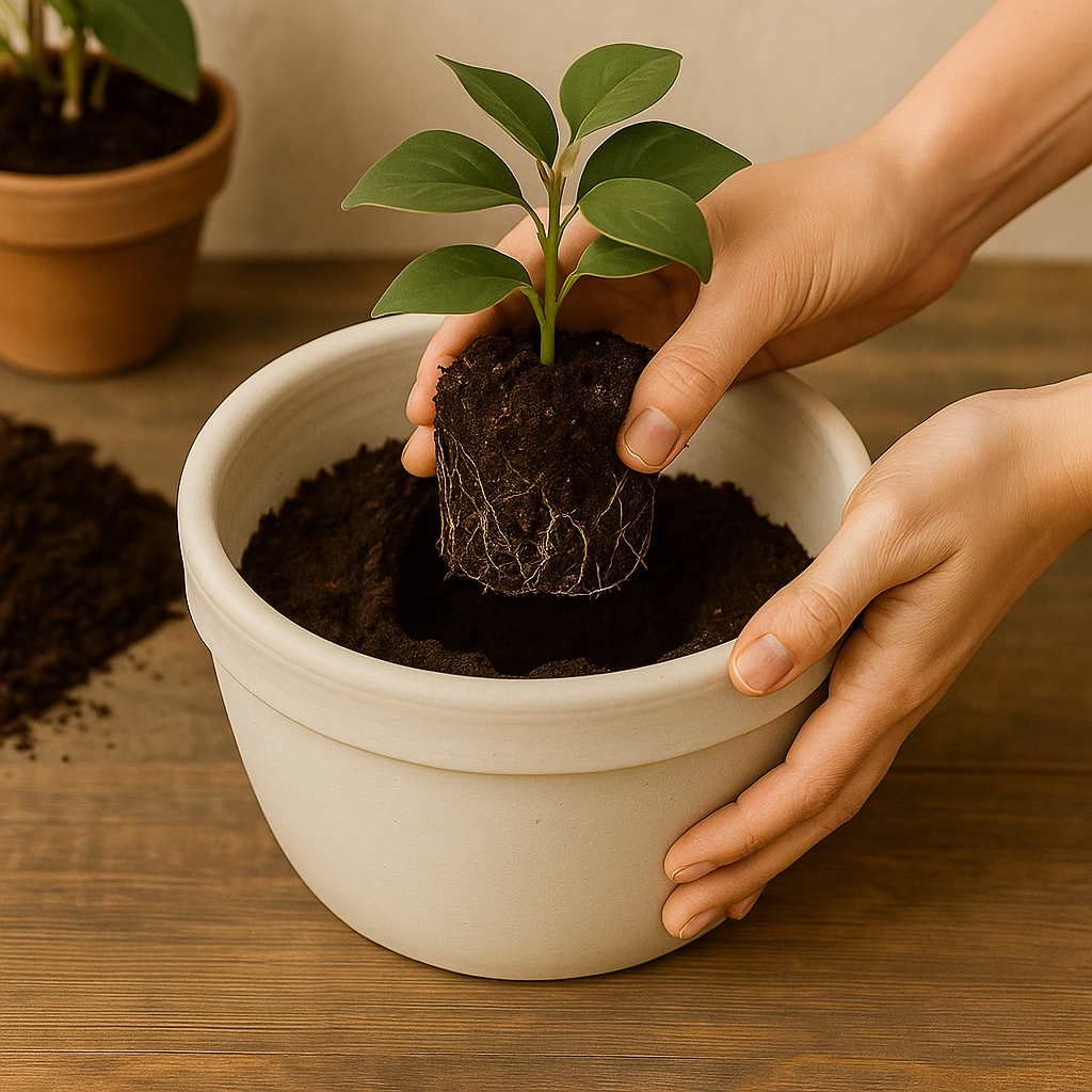 Preparing a plant pot with drainage material before adding soil and flowers.