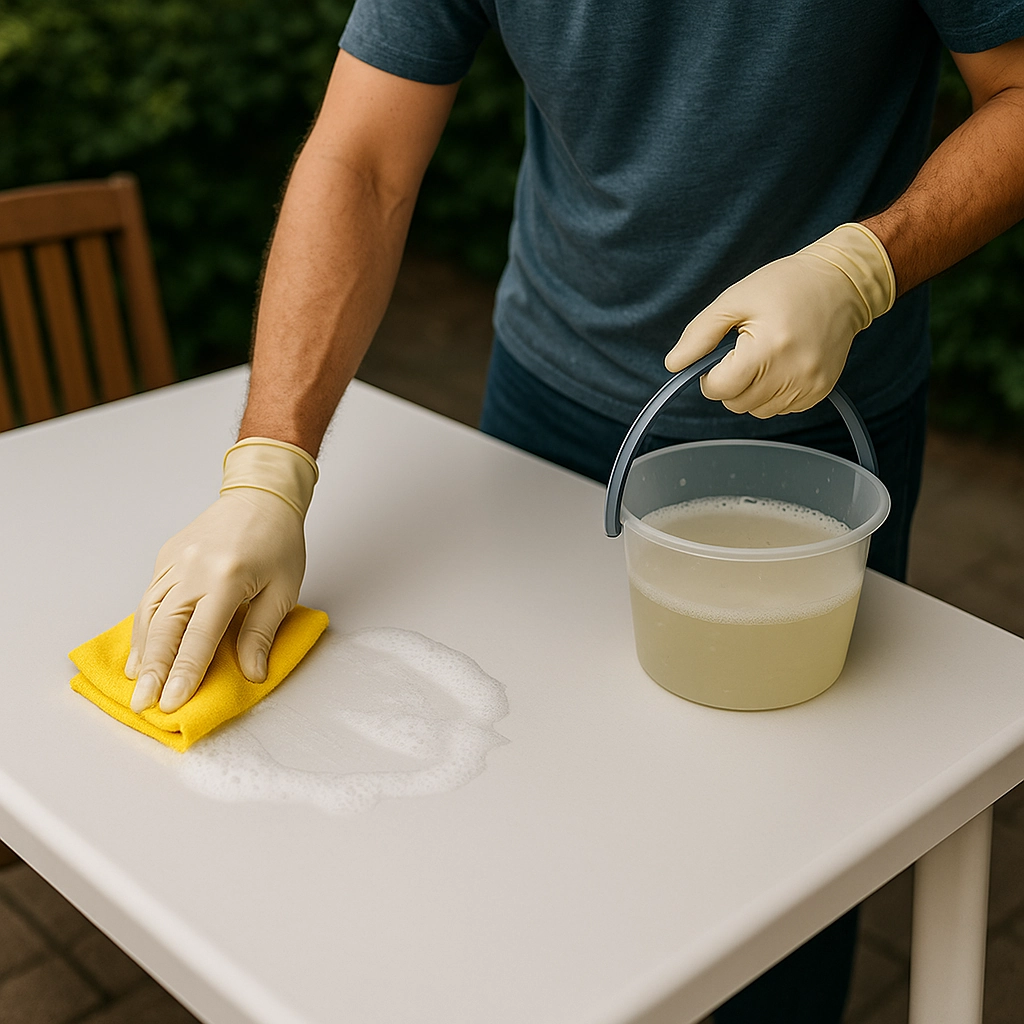 Cleaning a plastic outdoor table with soap and water using a cloth.