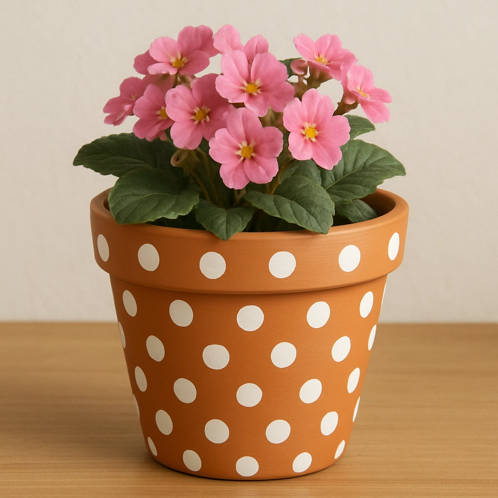Terracotta pot with white polka dots and pink flowers for cheerful plant decoration.