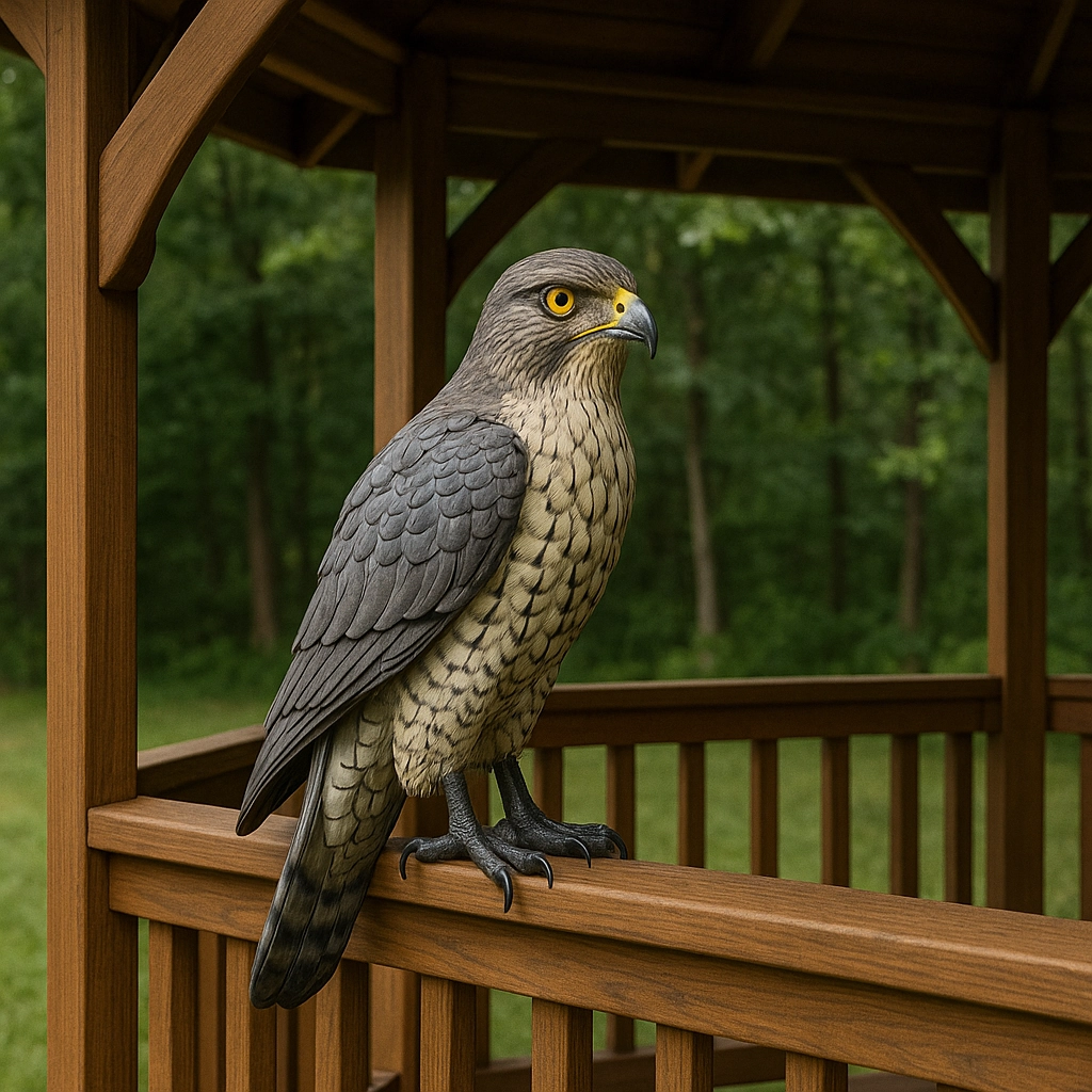 Hawk decoy on gazebo railing to scare off smaller birds.