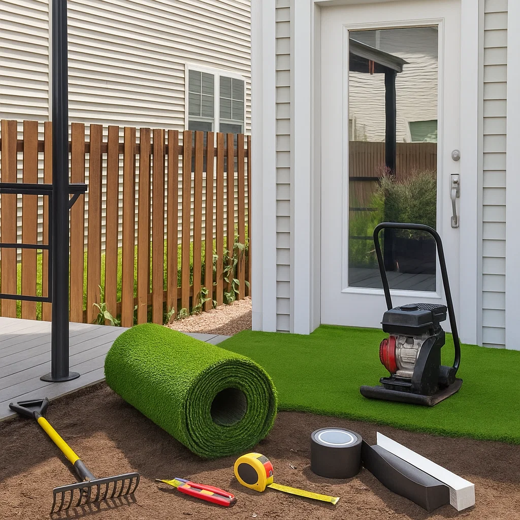 Artificial turf roll on black underlayment, gravel pile, rubber mallet, chalk, and garden tools nearby.