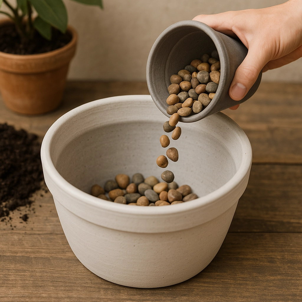 Preparing a plant pot with drainage material before adding soil and flowers.