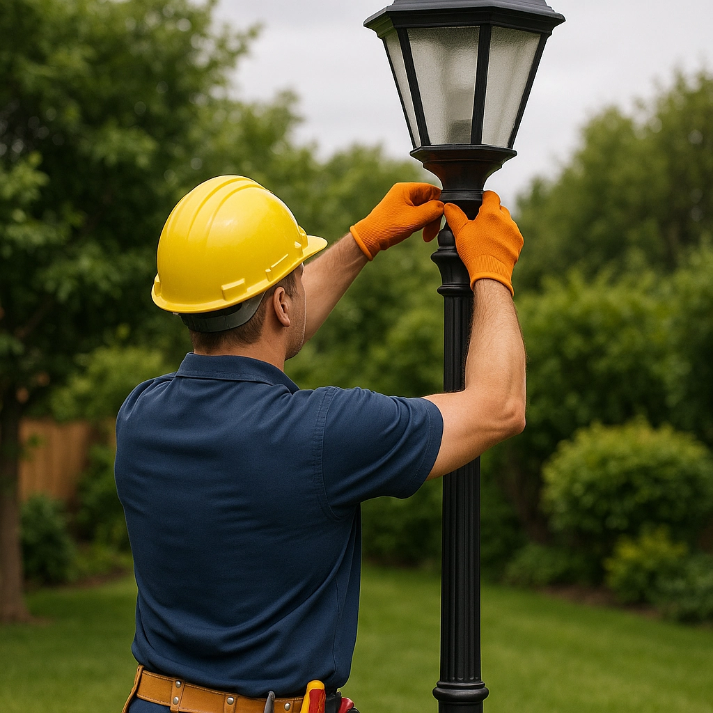 Electrician wearing safety gear installing outdoor lamp post in garden