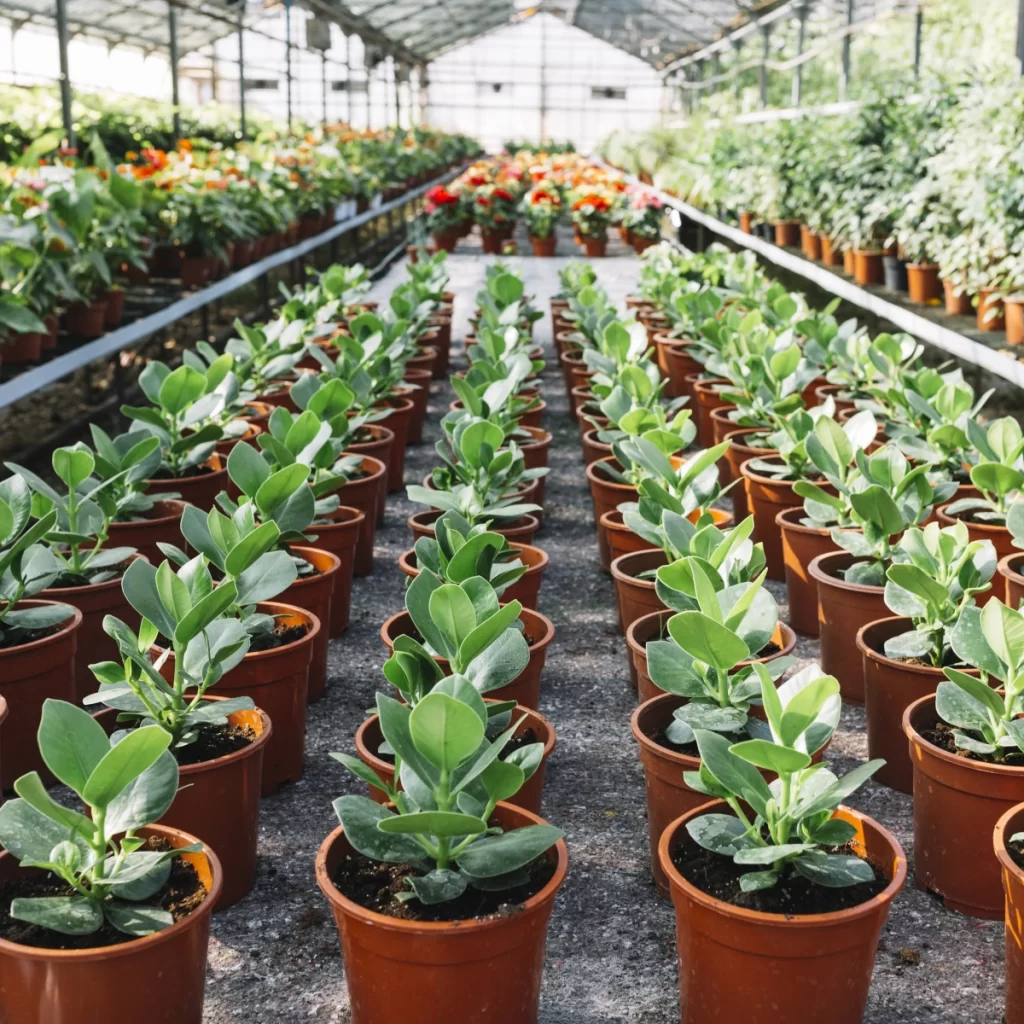 Plants pots in a greenhouse with proper spacing between pots. 