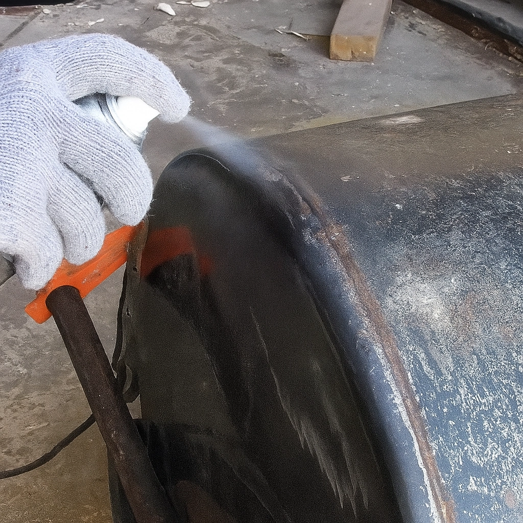 Spraying protective coating over welded area to prevent rust.