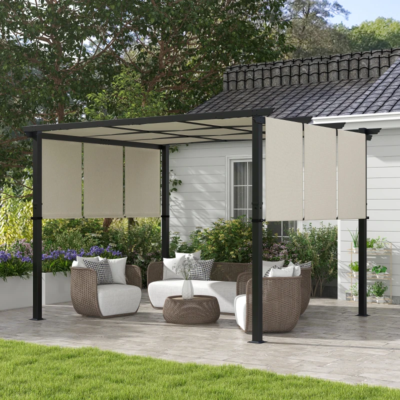 Pergola with retractable side panels and wicker furniture for shaded outdoor comfort.
