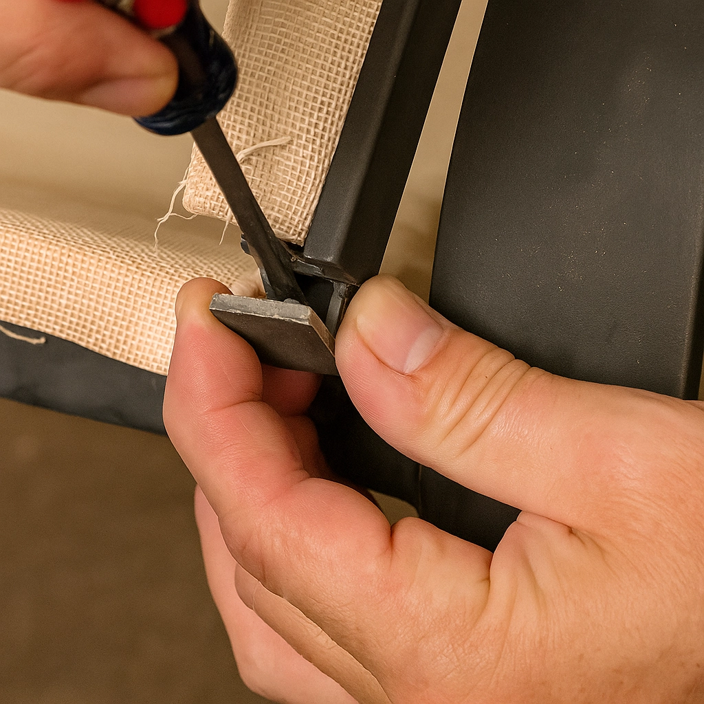 Prying off end caps from the outdoor lounge chair frame during repair.
