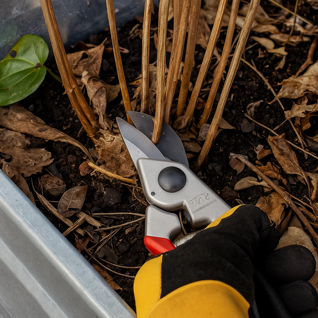 Gardener cutting back dried plants with pruning shears in a raised garden bed.