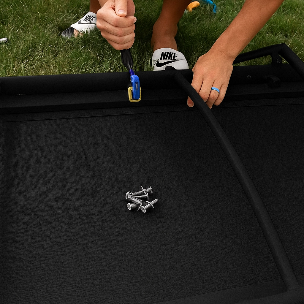 Reattaching stretcher bars to secure the fabric on the outdoor lounge chair.