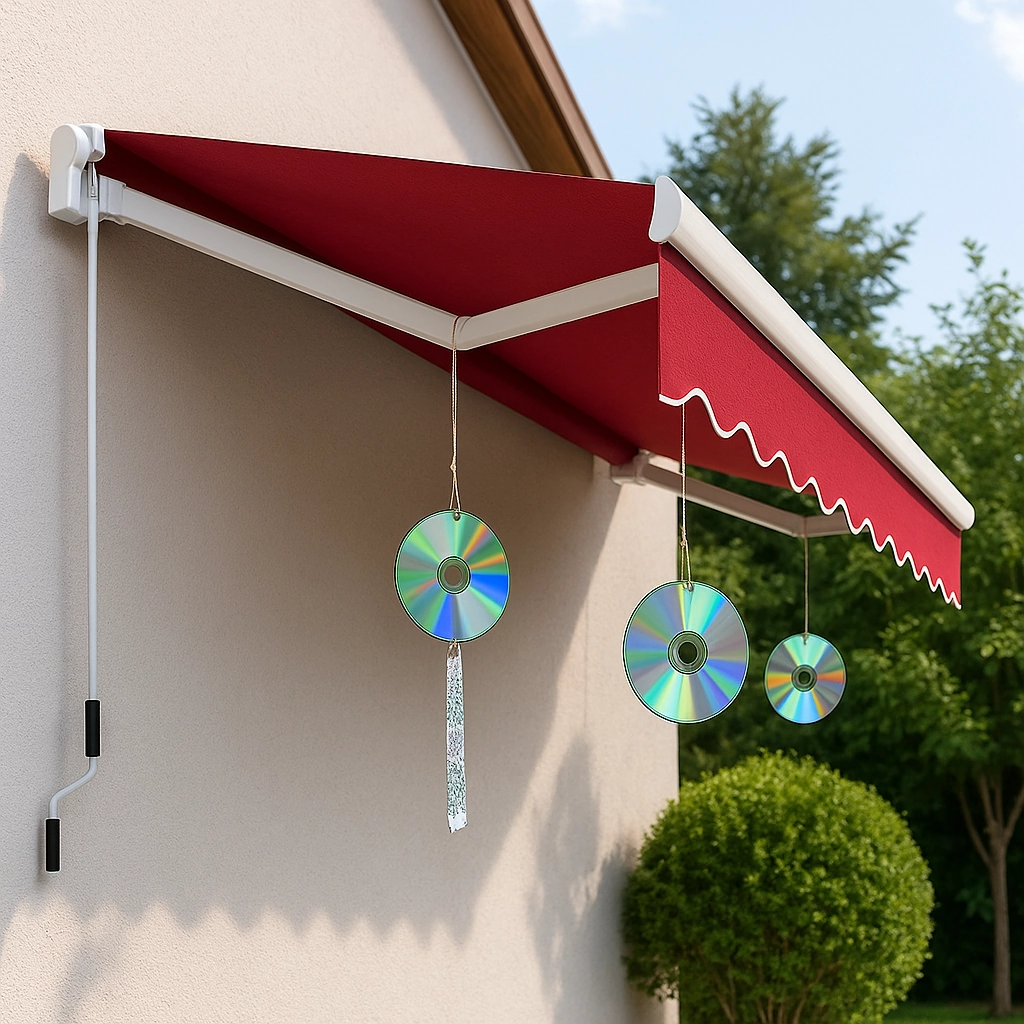 Hanging reflective CDs under red awning to repel birds from outdoor patio space.