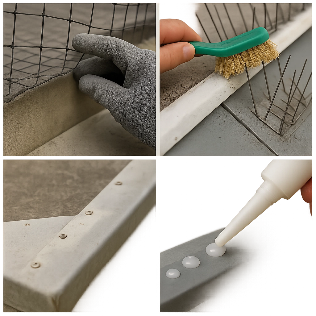 Cleaning bird spikes and applying adhesive for maintenance. 