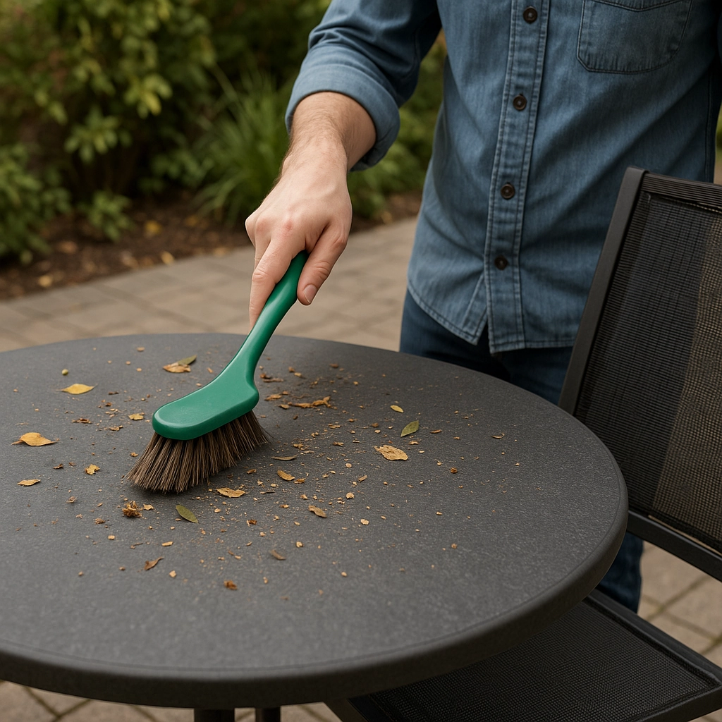 Sweeping debris off an outdoor table to prepare it for cleaning.