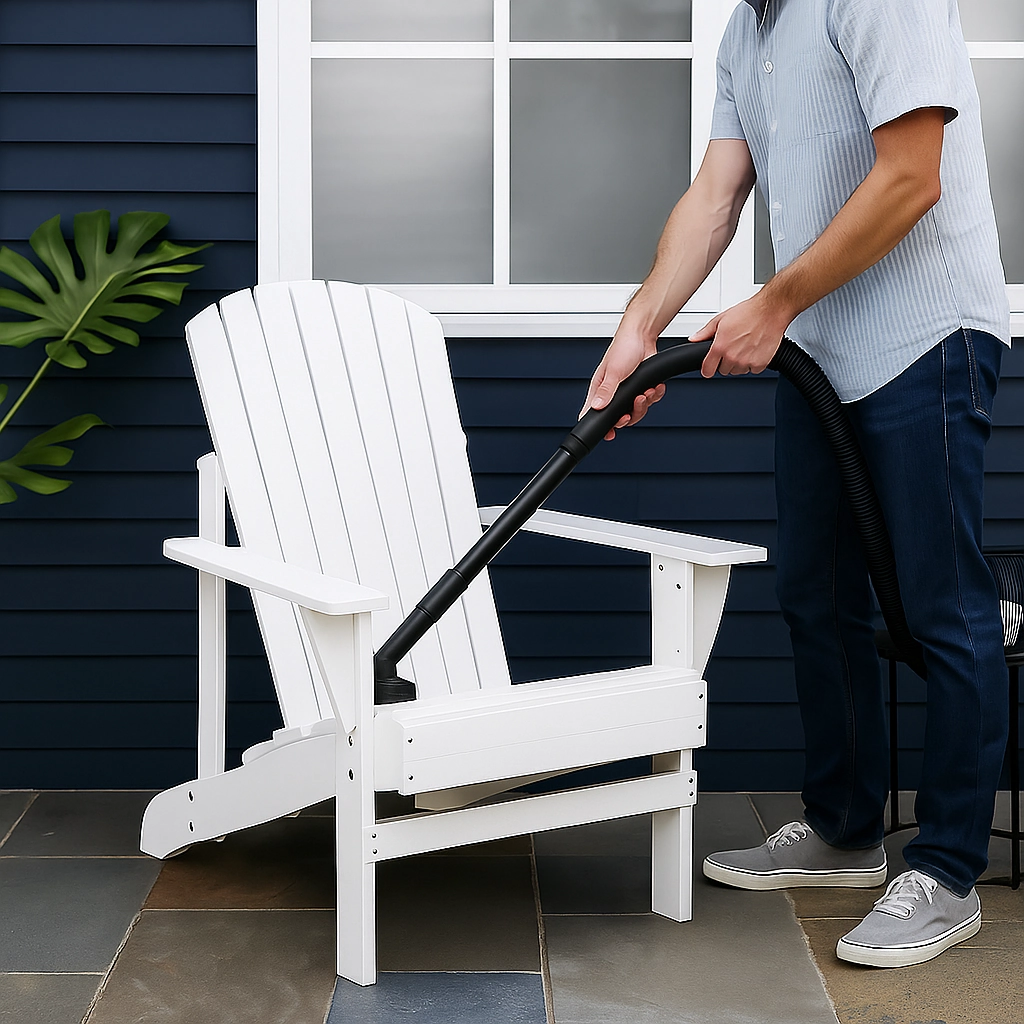 Man using vacuum cleaner to remove debris from white Polywood Adirondack chair outdoors.