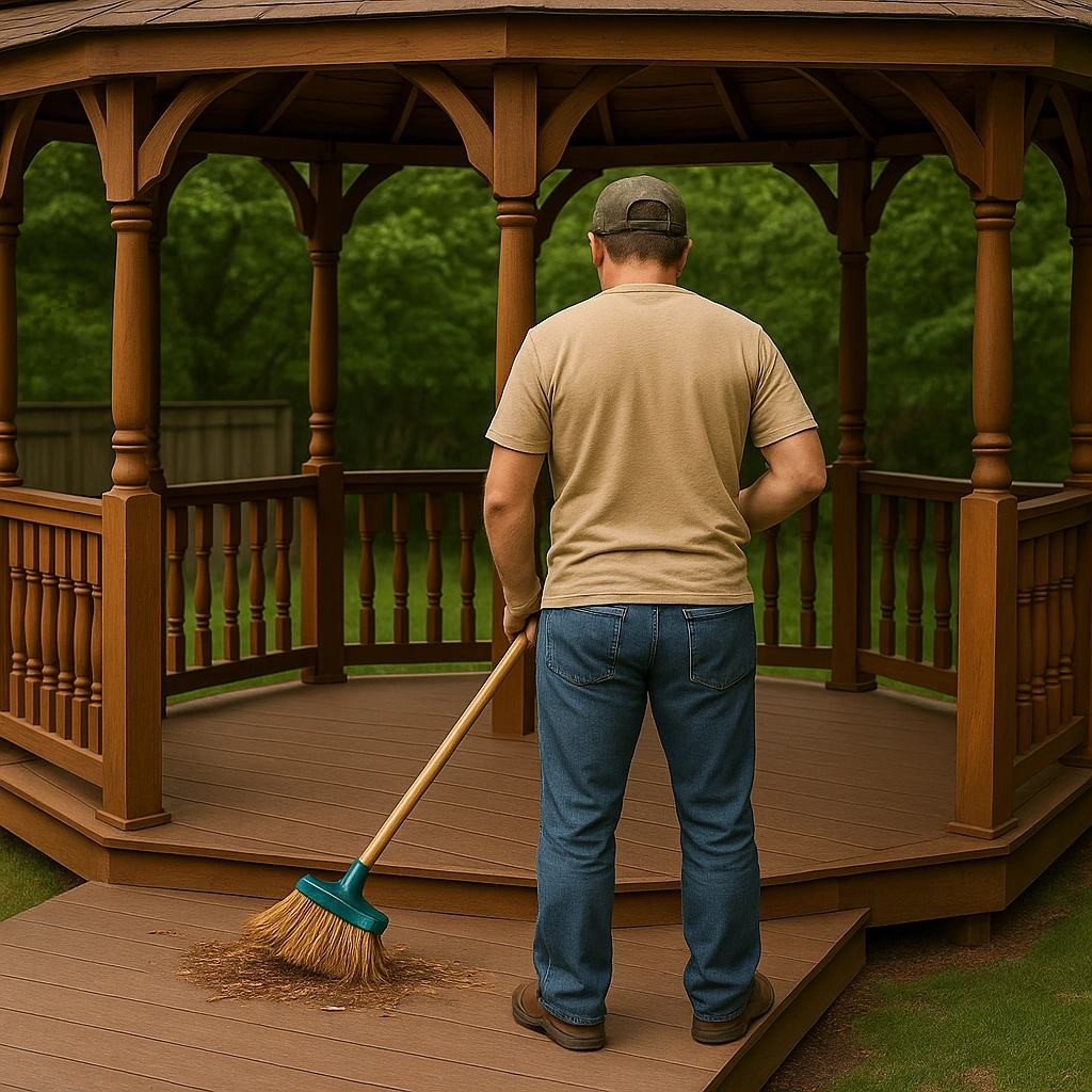 Sweeping debris off a wooden gazebo deck on a sunny day.