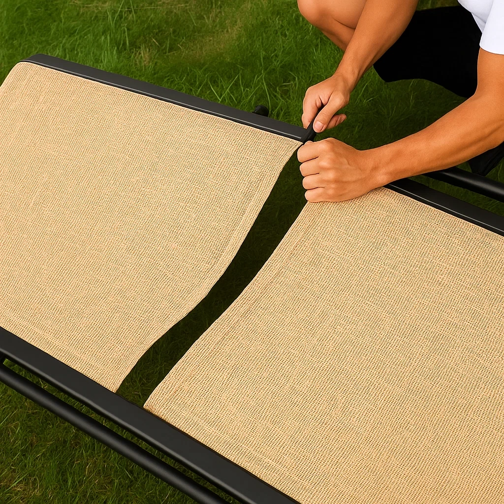 Removing the back frame to replace fabric on an outdoor lounge chair.