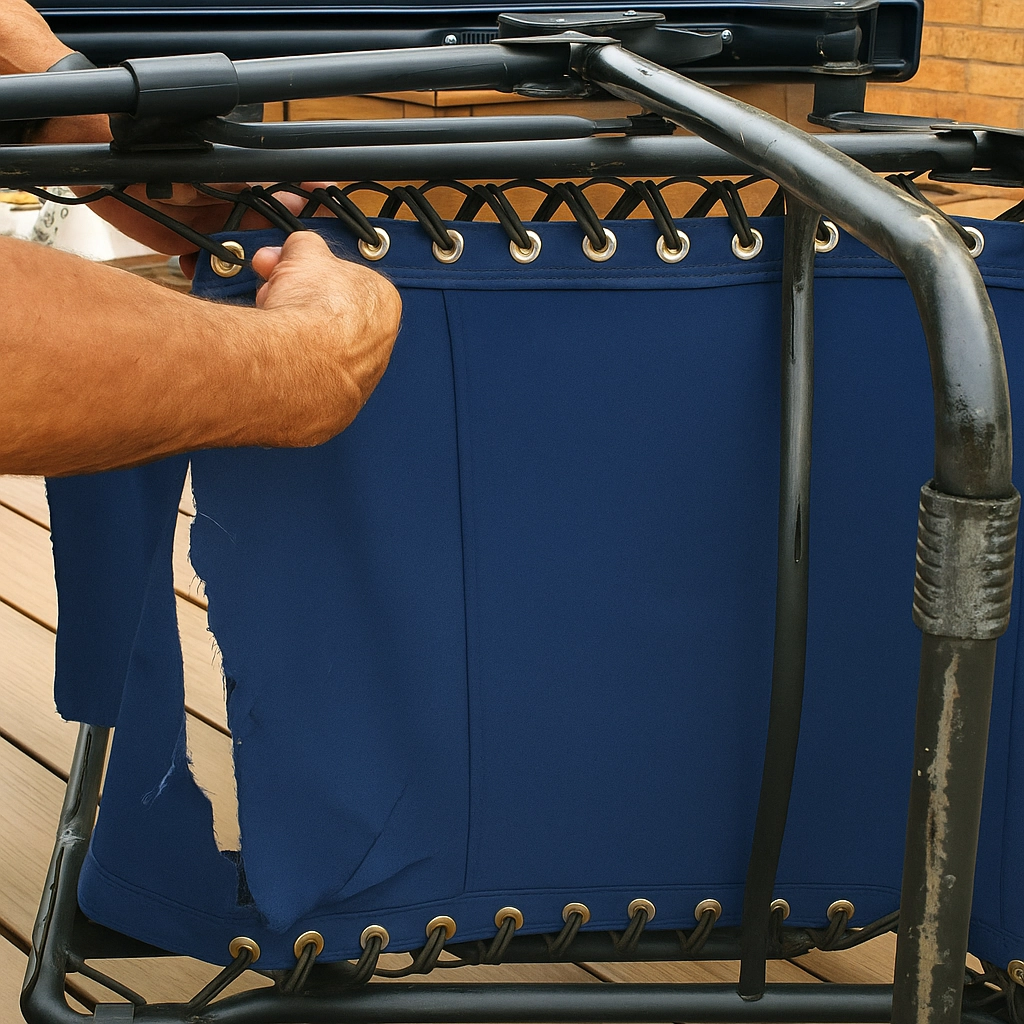 Removing old, broken support cord from chair frame.