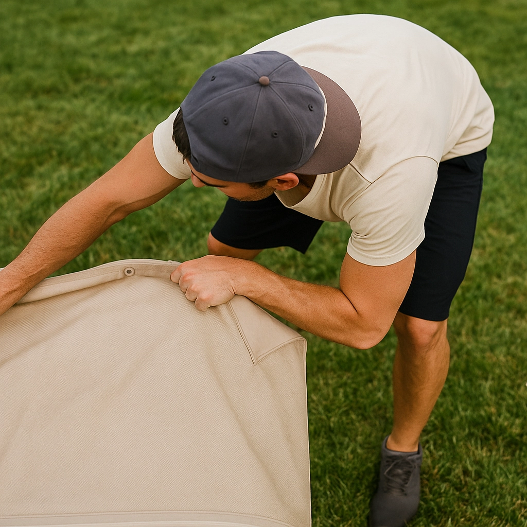 Removing old, worn-out fabric from the outdoor lounge chair frame.