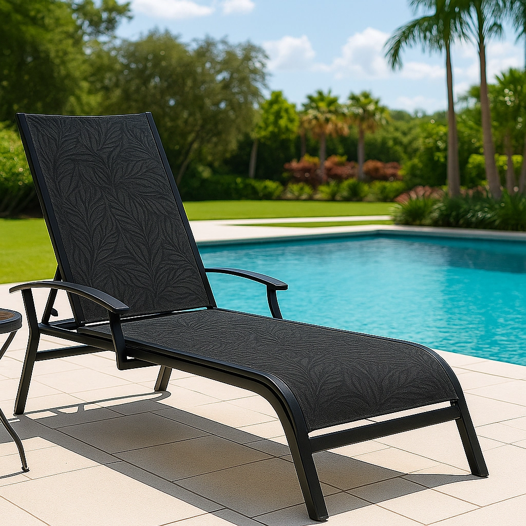 Replacing end caps and securing all parts of the outdoor lounge chair frame.