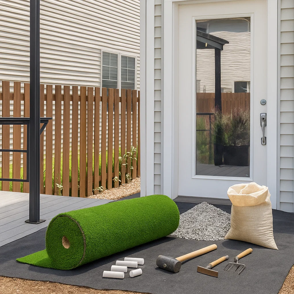 Rolled artificial turf, compactor machine, tape, cutter, measuring tools, and rake on soil surface.