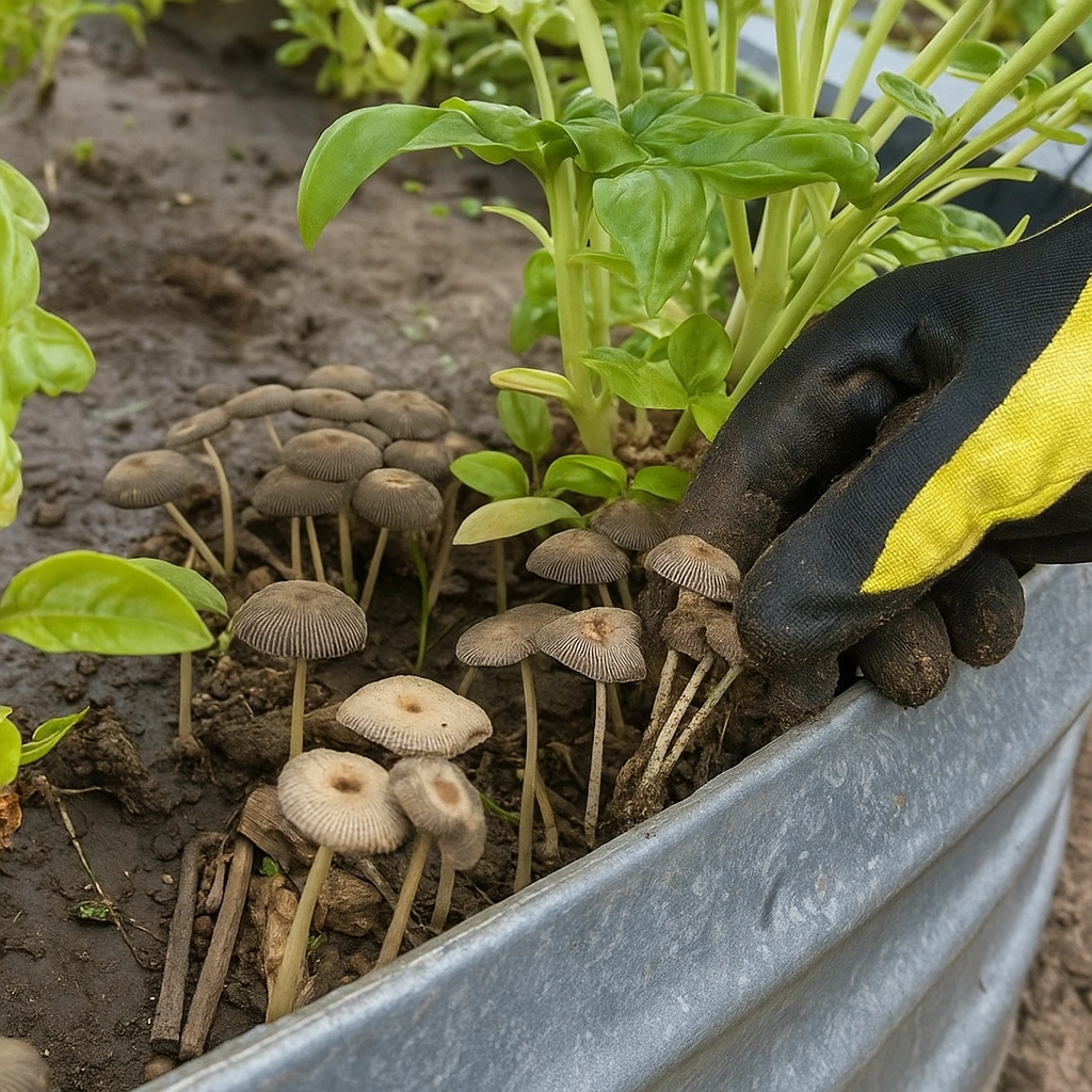 Gardener removing mushrooms from the soil in a raised garden bed.