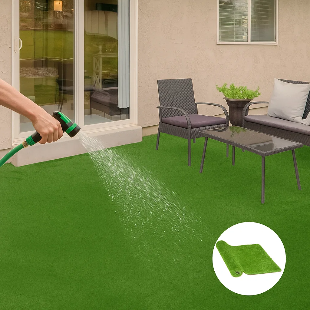Hand holding green garden hose spraying water on artificial turf near outdoor furniture set.