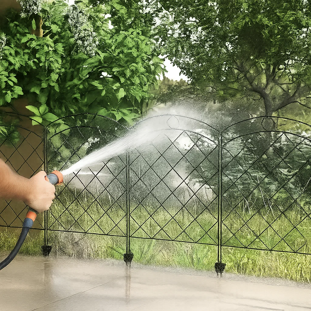 Person rinsing black garden fence with hose spray surrounded by grass and dense green trees.