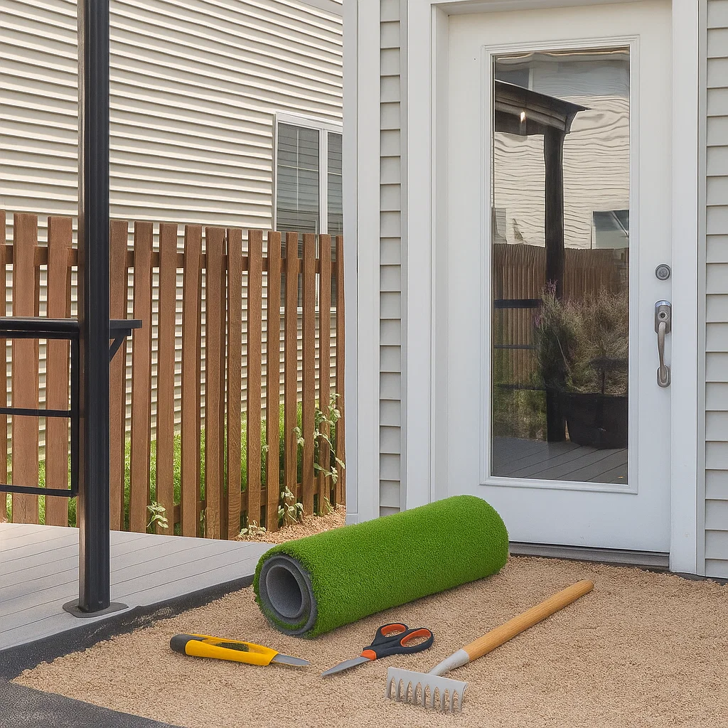 Rolled-out artificial turf with a utility knife and tape measure on patio near white back door.