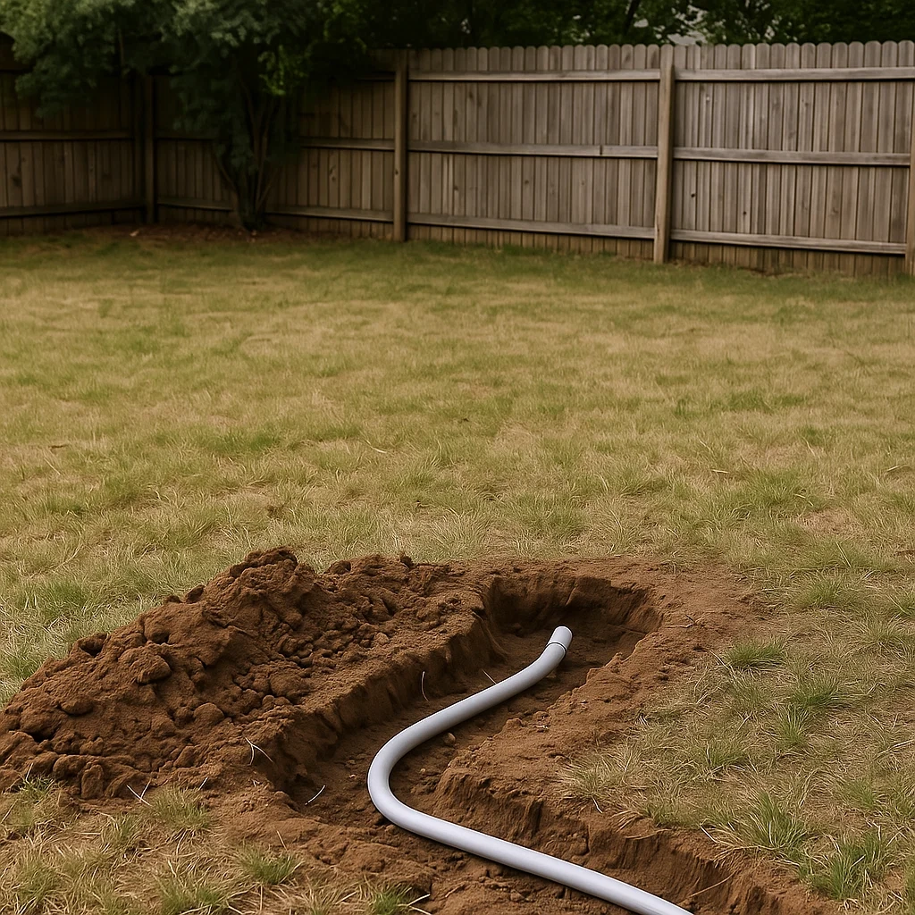 Curved electrical conduit placed in trench dug through lawn for lamp post wiring