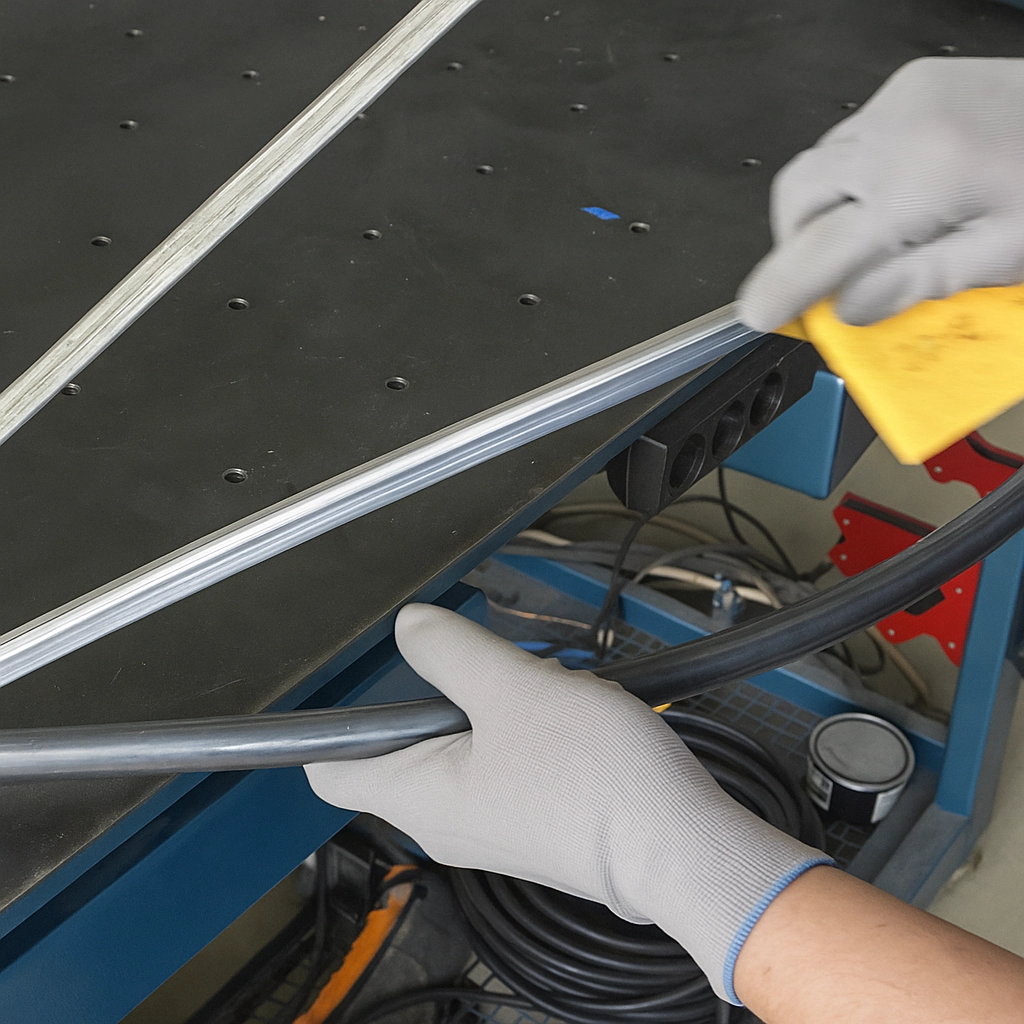 Sanding sharp edges on the metal egg chair frame for safety and finishing.