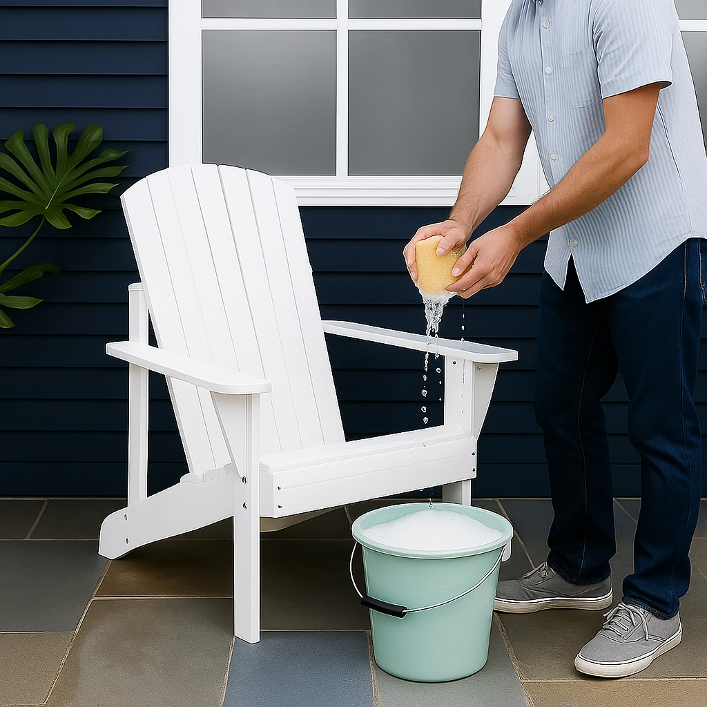 Man using sponge and bucket to clean white Polywood Adirondack chair on patio.