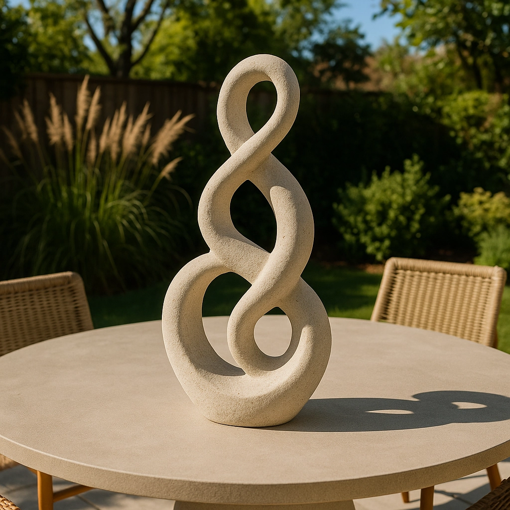 Modern abstract stone sculpture serving as unique patio table centerpiece.
