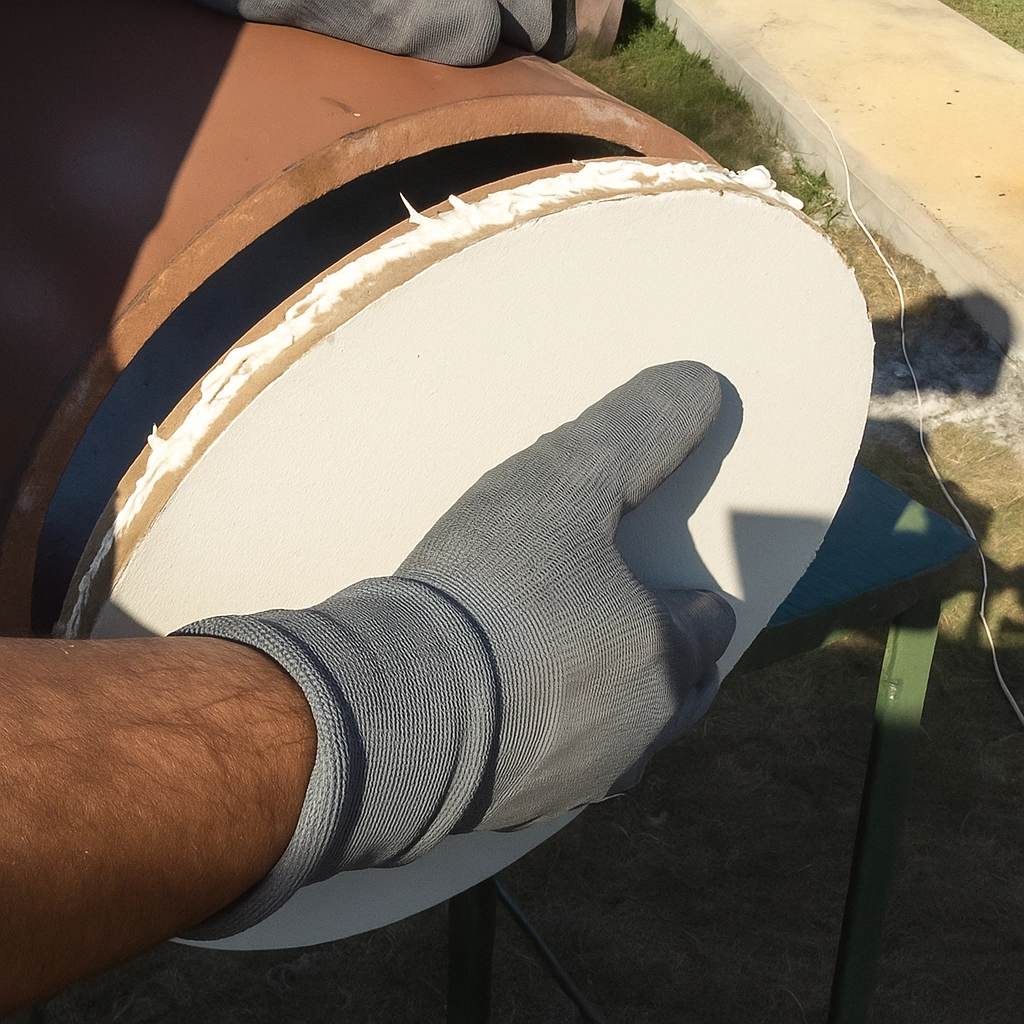 Hand sealing steel drum end cap with adhesive for DIY lawn roller construction.