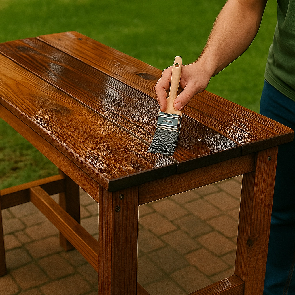 Sealing the wooden table with protective finish for durability and shine.