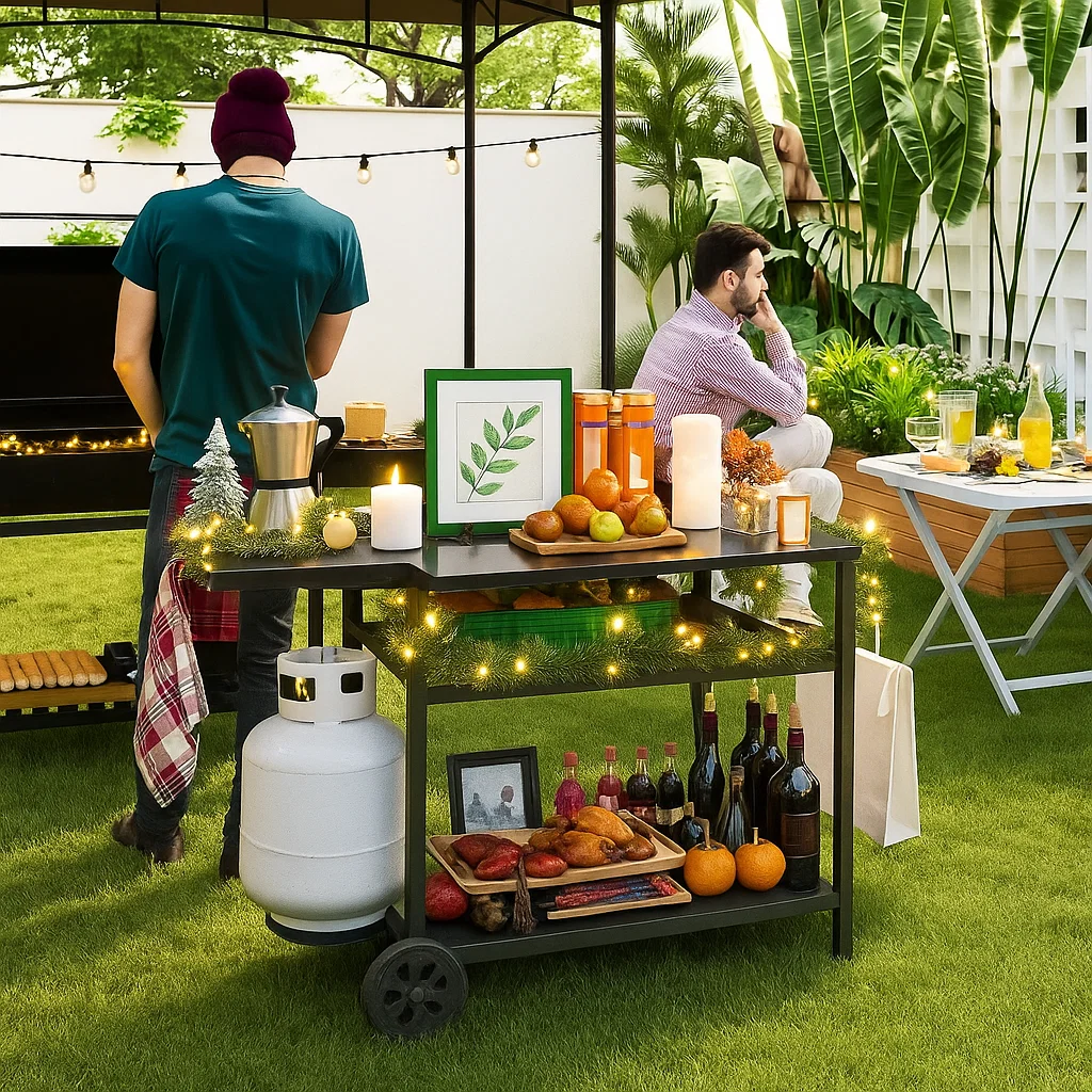Festive bar cart styled with seasonal items like pumpkins and garlands for themed celebrations.