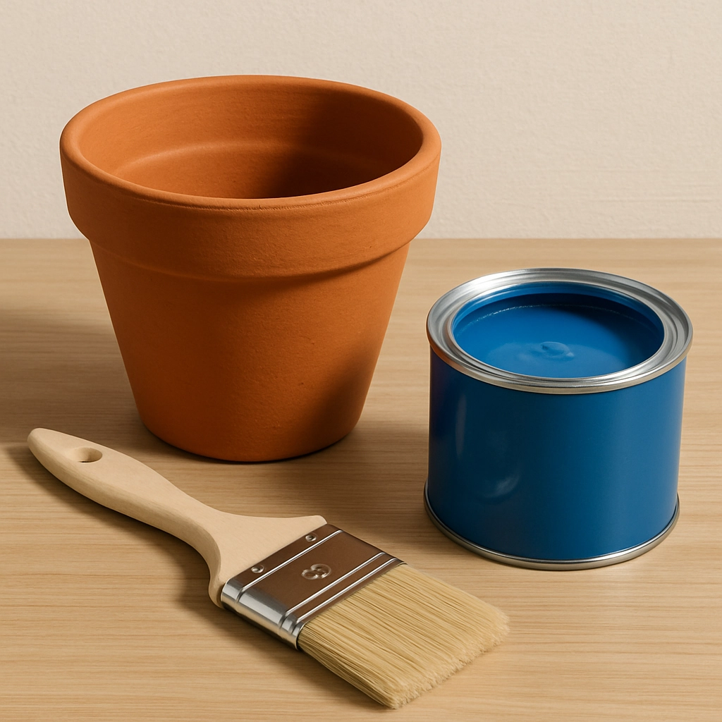 Paintbrush, terracotta pot and blue paint can ready for decorating