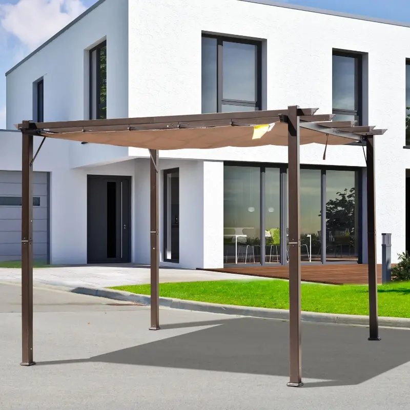 Stylish louvered pergola with a shaded outdoor seating area