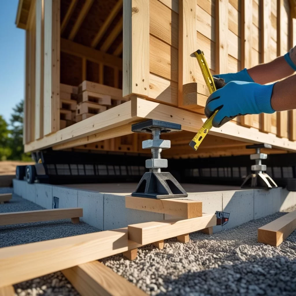 Worker levels wooden shed on foundation using adjustable metal jacks and measuring tape.