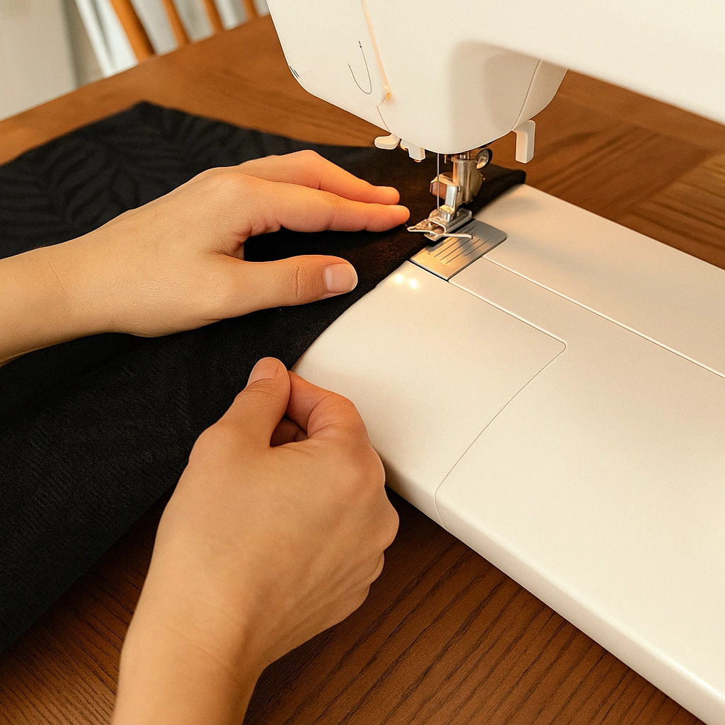 Close-up of hands sewing black fabric with sewing machine on wooden table