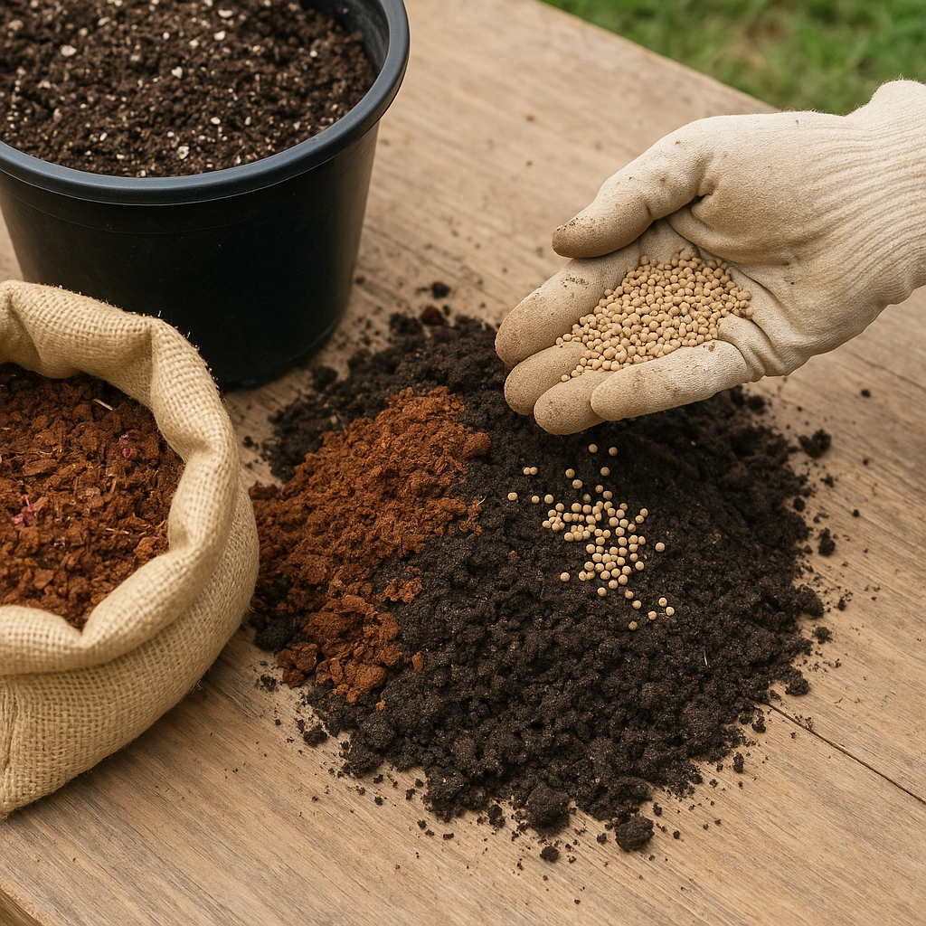 Mixing soil amendments into potting mix for better drainage and plant nutrition.