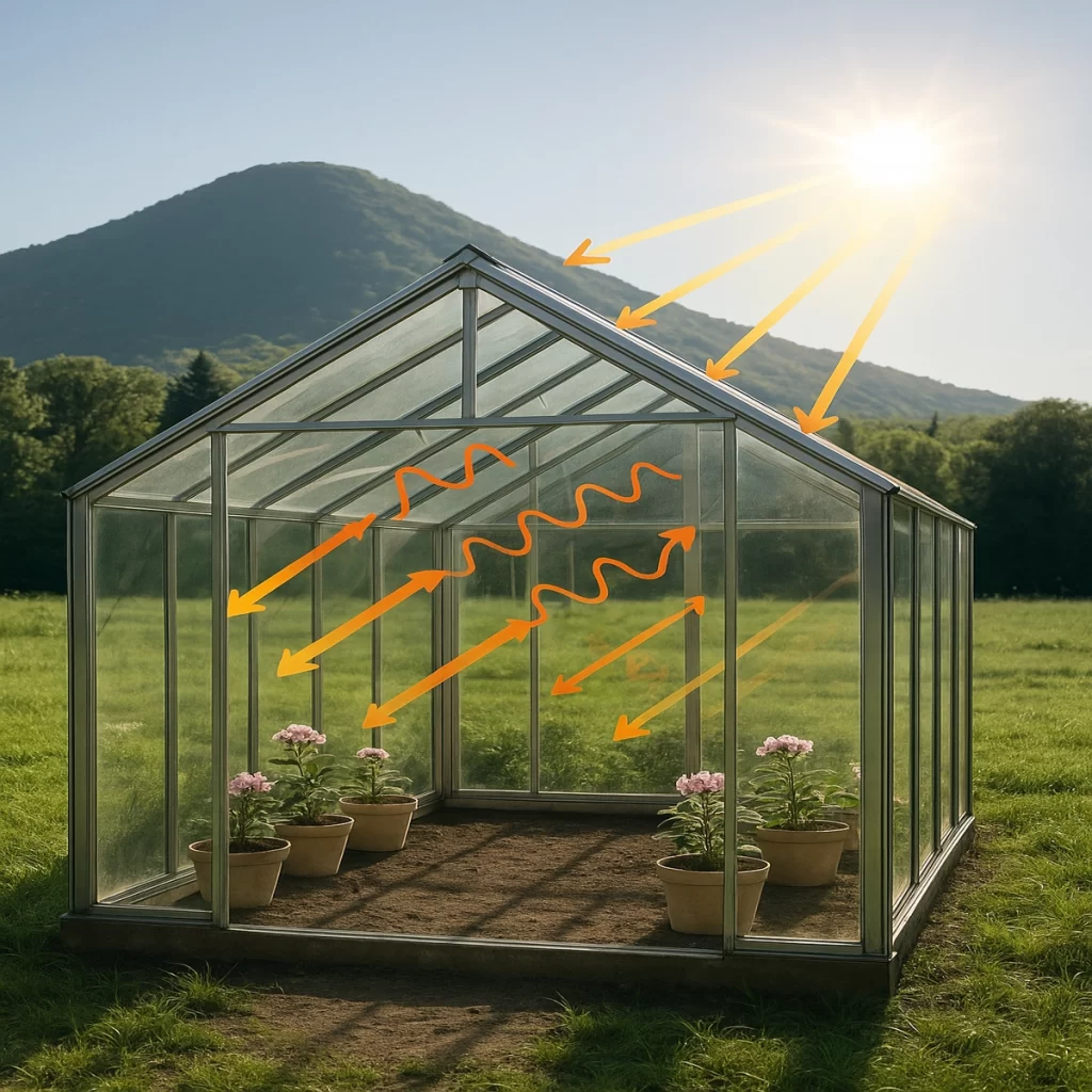 Greenhouse capturing solar energy to support plant growth and sustainable environmental control.