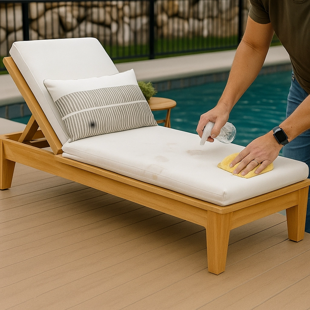 Spot cleaning dirty pool chair cushion using spray bottle and yellow cloth for stain removal.