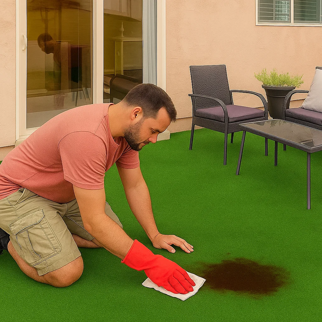 Man wearing red gloves cleaning brown stain from artificial grass with white cloth.