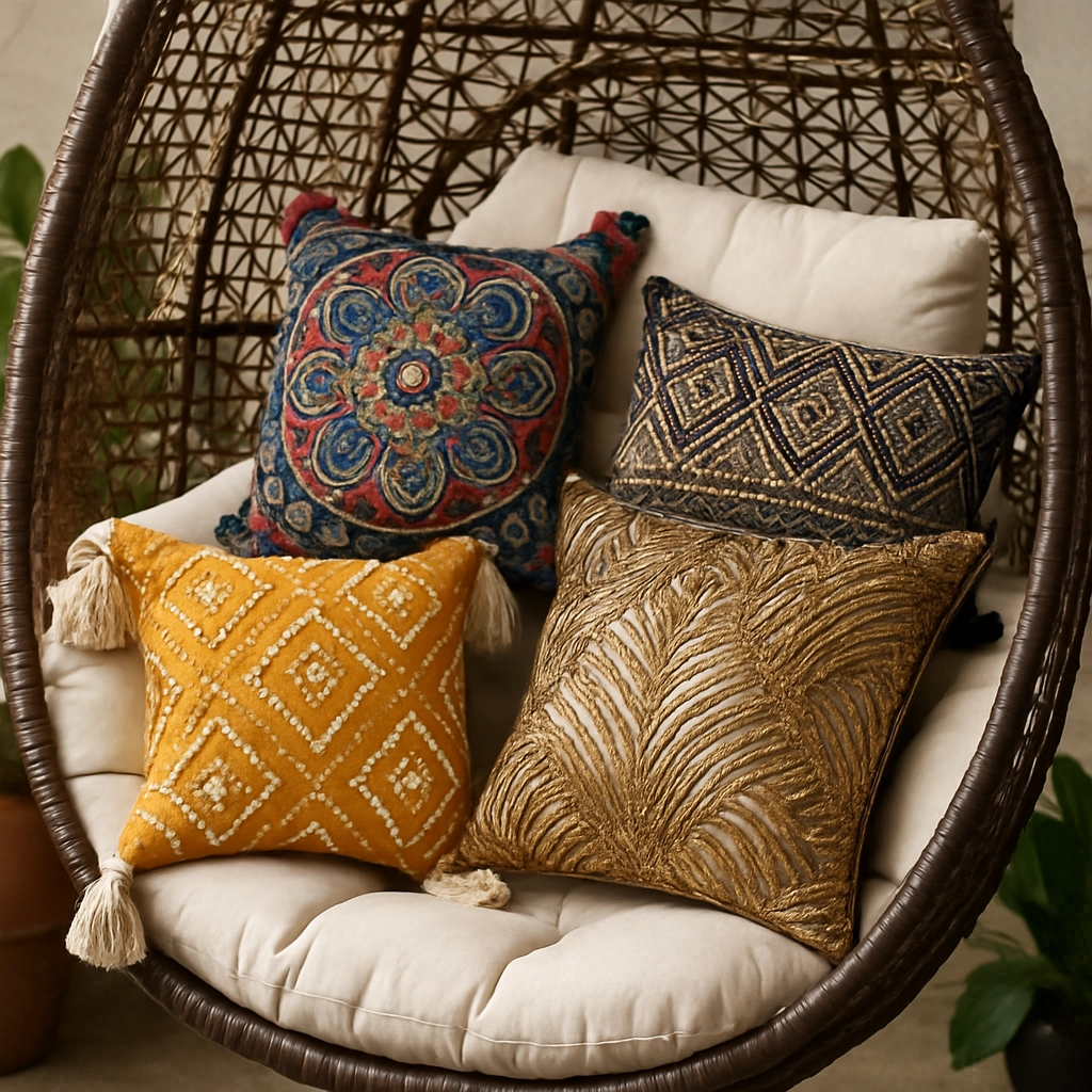 Bold statement pillows add color and comfort to this egg chair setup.
